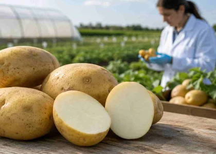 Исследователи наблюдают клубни сорта OLI INTA в лаборатории
